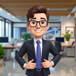 A Bitmoji-style character of a man dressed in professional office attire, such as a suit and tie