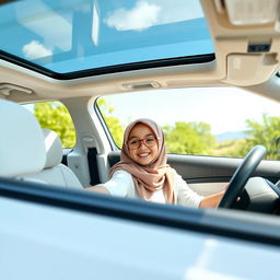 A 10-year-old girl wearing a hijab, sitting confidently in the driver's seat of a stylish white SUV