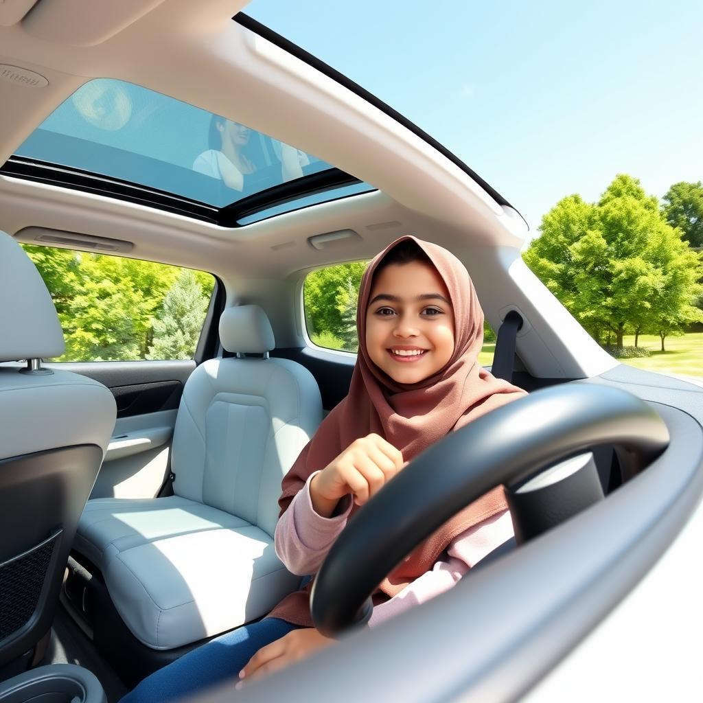 A 10-year-old girl wearing a hijab, sitting confidently in the driver's seat of a stylish white SUV