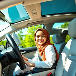A 10-year-old girl wearing a hijab, sitting confidently in the driver's seat of a stylish white SUV