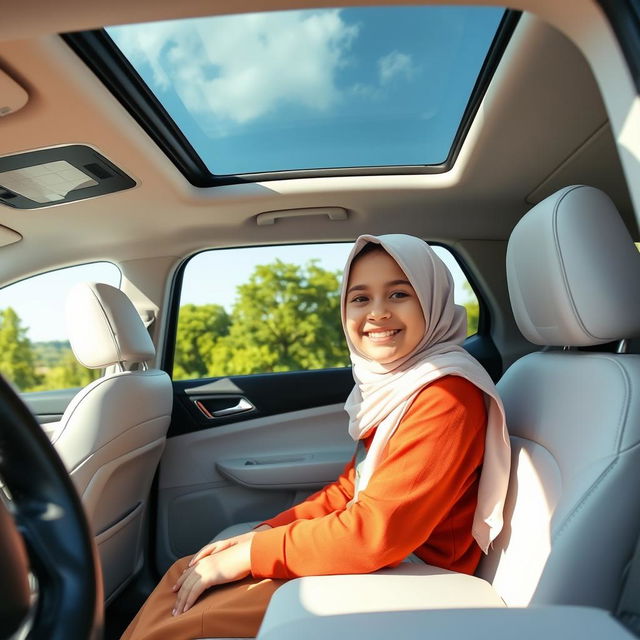 A 10-year-old girl wearing a hijab, sitting confidently in the driver's seat of a stylish white SUV