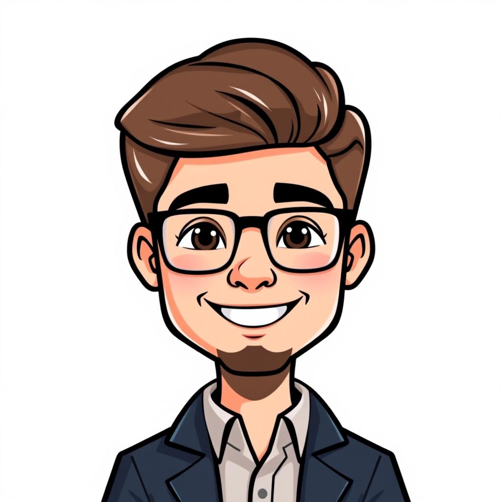 A Bitmoji-style character of a man with a friendly and confident expression, portraying a clean-shaven look and styled hair without glasses
