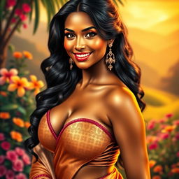 A stunning Indian woman with a captivating smile and large breasts, wearing a stylish and form-fitting traditional outfit that highlights her curves
