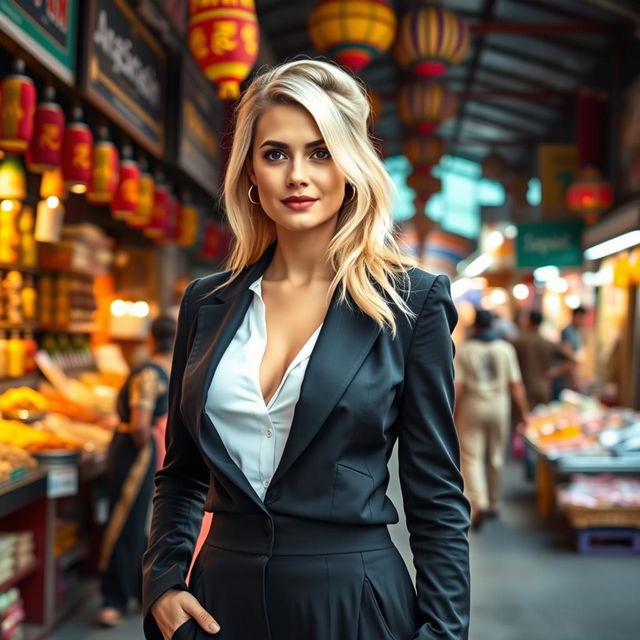 A confident and stylish corporate blonde woman with big cleavage standing outside a vibrant Indian market, surrounded by colorful stalls and lively atmosphere