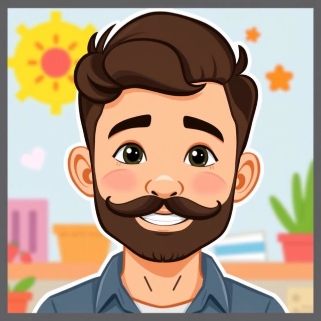 A Bitmoji-style character of a man with a well-groomed beard and mustache, showcasing a charming and confident smile