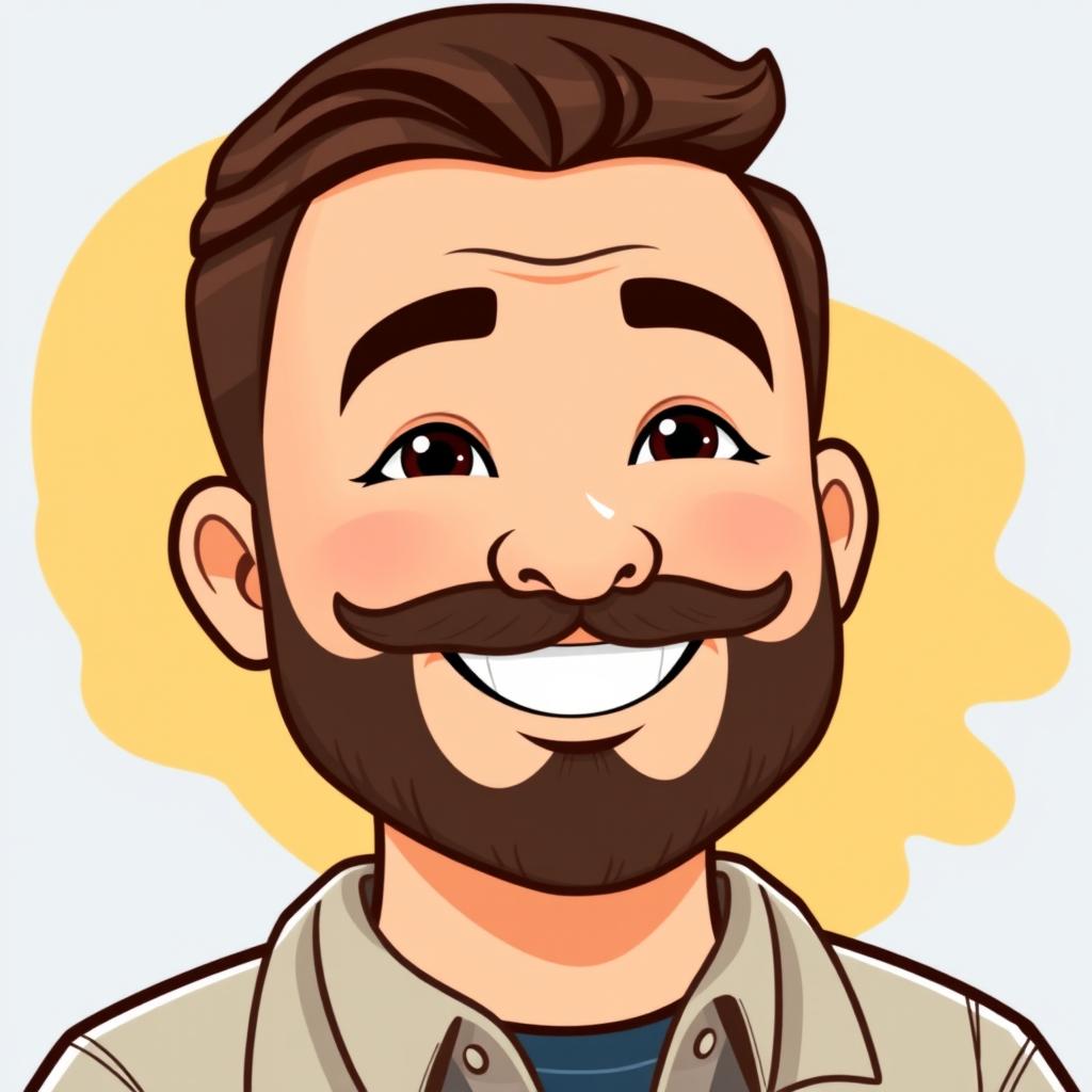 A Bitmoji-style character of a man with a well-groomed beard and mustache, showcasing a charming and confident smile