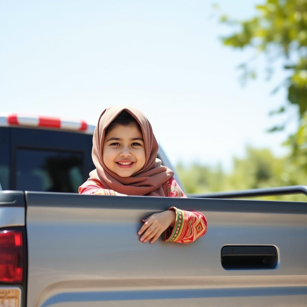 A young Iranian girl wearing a hijab, smiling and enjoying her time while sitting on the back of a pickup truck (SUV style)