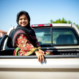 A young Iranian girl wearing a hijab, smiling and enjoying her time while sitting on the back of a pickup truck (SUV style)