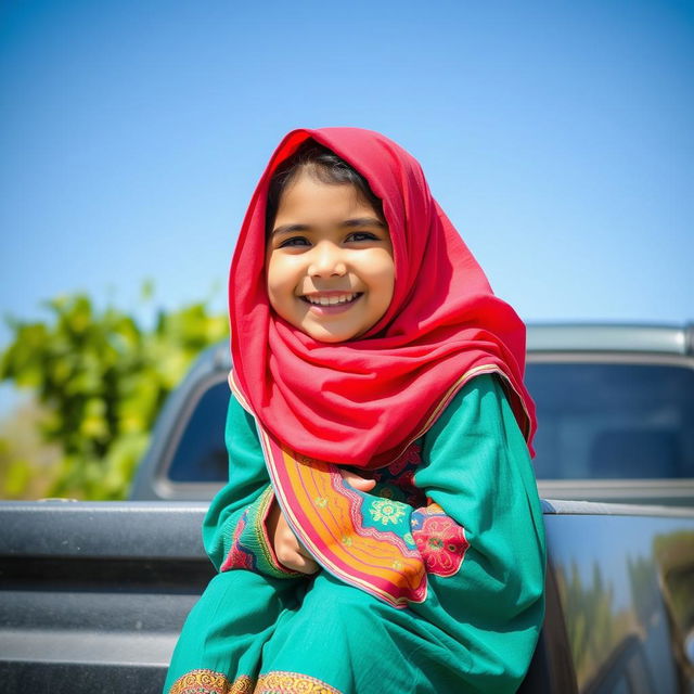 A young Iranian girl wearing a hijab, smiling and enjoying her time while sitting on the back of a pickup truck (SUV style)