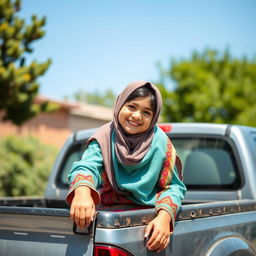 A young Iranian girl wearing a hijab, smiling and enjoying her time while sitting on the back of a pickup truck (SUV style)