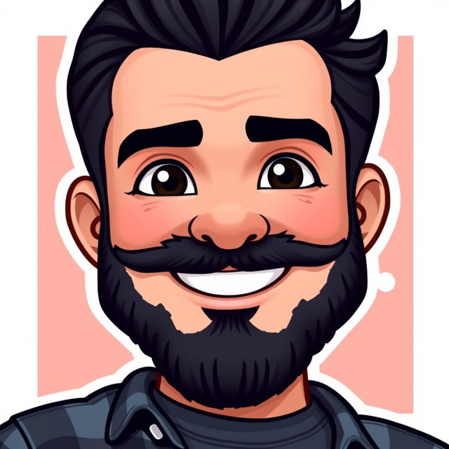 A Bitmoji-style character of a man with a dark, well-groomed beard and mustache, featuring a confident and approachable smile