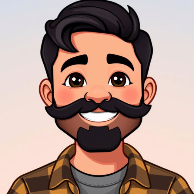 A Bitmoji-style character of a man with a dark, well-groomed beard and mustache, portraying a confident and friendly demeanor