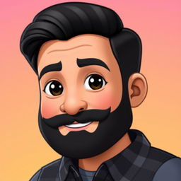 A Bitmoji-style character of a man with a dark, well-groomed beard and mustache, portraying a confident and friendly demeanor