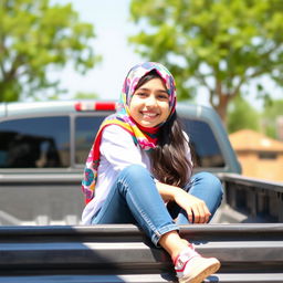 A young Iranian girl named Sara, wearing a colorful hijab and casual clothing, joyfully sitting in the back of a pickup truck