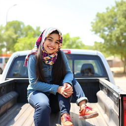 A young Iranian girl named Sara, wearing a colorful hijab and casual clothing, joyfully sitting in the back of a pickup truck