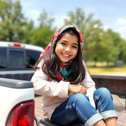 A young Iranian girl named Sara, wearing a colorful hijab and casual clothing, joyfully sitting in the back of a pickup truck