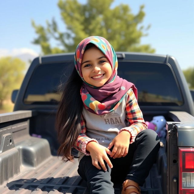 A young Iranian girl named Sara, wearing a colorful hijab and casual clothing, joyfully sitting in the back of a pickup truck