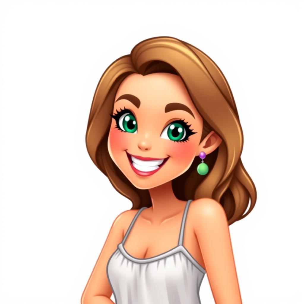 A Bitmoji-style character of a woman with a bright and cheerful expression, showcasing an engaging and friendly demeanor