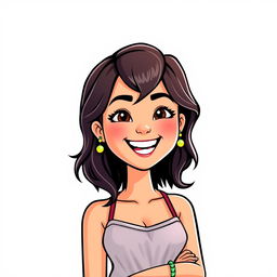 A Bitmoji-style character of a woman with a bright and cheerful expression, showcasing an engaging and friendly demeanor