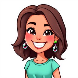 A Bitmoji-style character of a woman with a bright and cheerful expression, showcasing an engaging and friendly demeanor