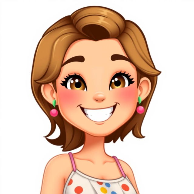 A Bitmoji-style character of a woman with a bright and cheerful expression, showcasing an engaging and friendly demeanor