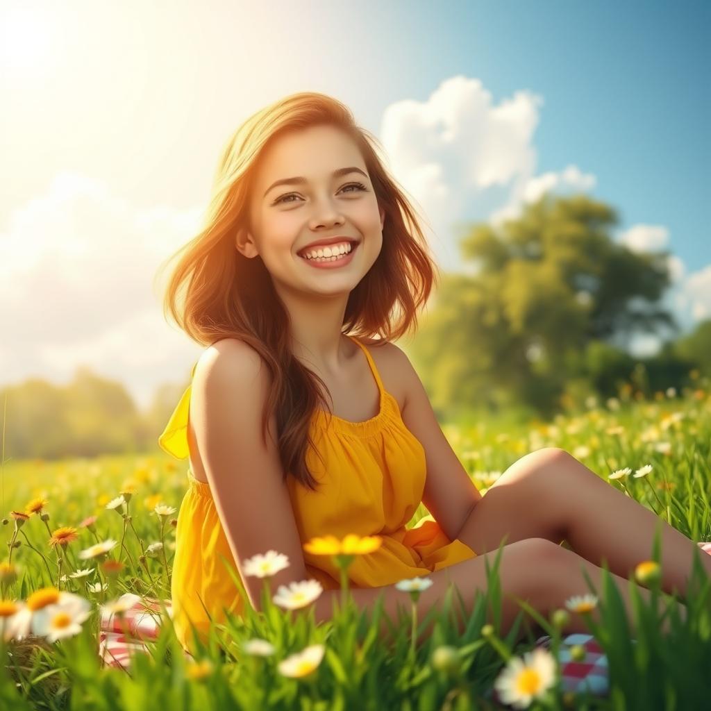 A vibrant and cheerful scene depicting a sunny landscape with a person smiling joyfully