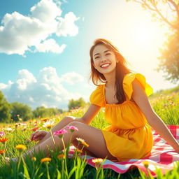 A vibrant and cheerful scene depicting a sunny landscape with a person smiling joyfully