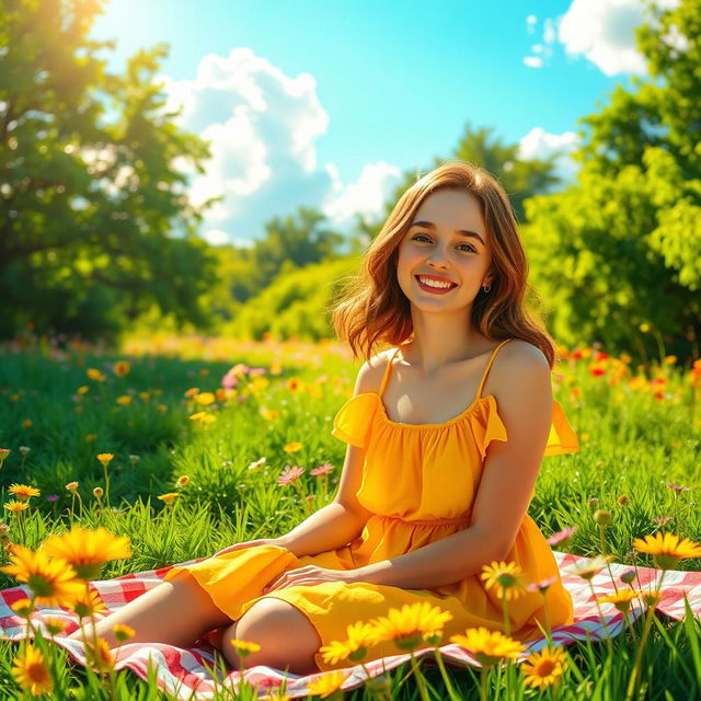 A vibrant and cheerful scene depicting a sunny landscape with a person smiling joyfully