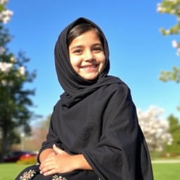 A young Iranian girl named Sara, wearing a traditional black chador, gracefully sitting outdoors