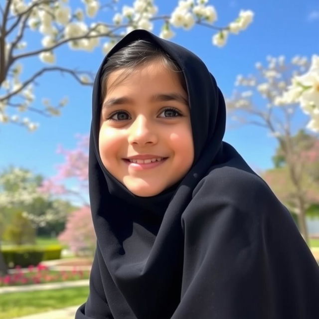 A young Iranian girl named Sara, wearing a traditional black chador, gracefully sitting outdoors