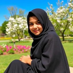A young Iranian girl named Sara, wearing a traditional black chador, gracefully sitting outdoors