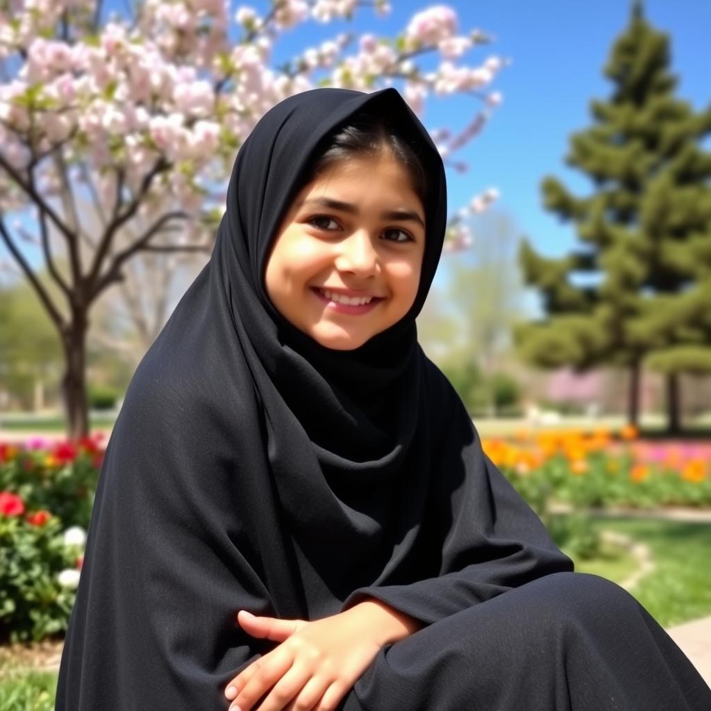 A young Iranian girl named Sara, wearing a traditional black chador, gracefully sitting outdoors