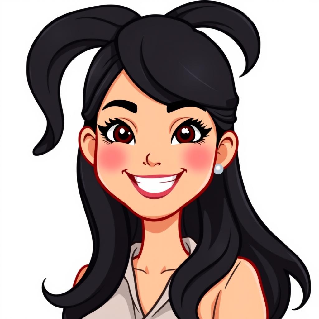 A Bitmoji-style character of a woman with long, flowing black hair, styled in soft waves