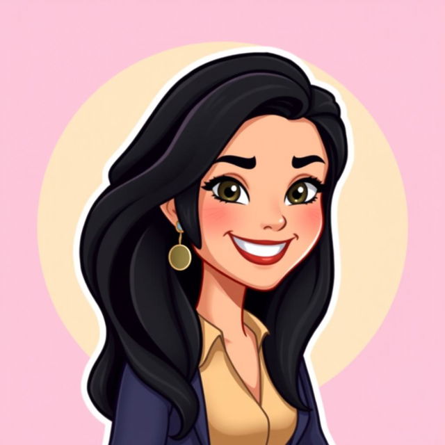 A Bitmoji-style character of a woman with long, flowing black hair, styled in soft waves