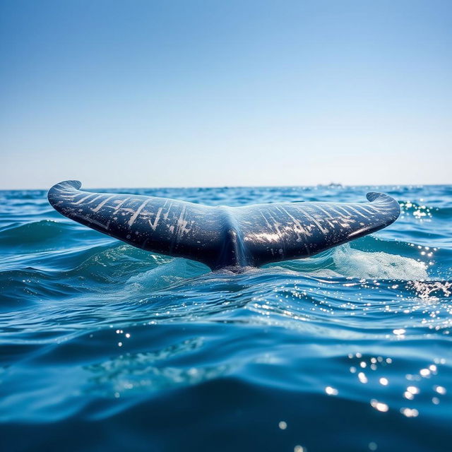 A close-up view of a majestic whale tail emerging from the sparkling blue ocean, with sunlight filtering through the water creating beautiful reflections