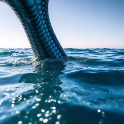 A close-up view of a majestic whale tail emerging from the sparkling blue ocean, with sunlight filtering through the water creating beautiful reflections