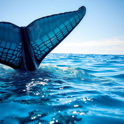 A close-up view of a majestic whale tail emerging from the sparkling blue ocean, with sunlight filtering through the water creating beautiful reflections