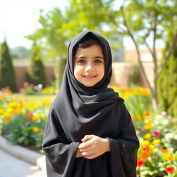 A young Iranian girl named Sara, wearing a traditional black chador, standing gracefully in an outdoor setting