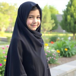A young Iranian girl named Sara, wearing a traditional black chador, standing gracefully in an outdoor setting