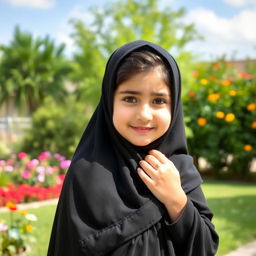 A young Iranian girl named Sara, wearing a traditional black chador, standing gracefully in an outdoor setting
