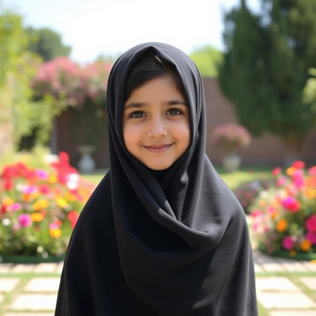 A young Iranian girl named Sara, wearing a traditional black chador, standing gracefully in an outdoor setting