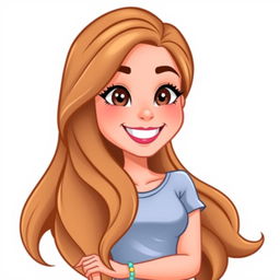 A Bitmoji-style character of a woman with long, flowing hair that cascades down her shoulders, styled in soft waves
