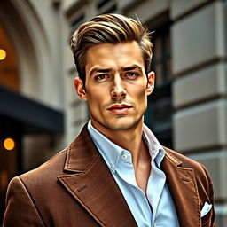 A handsome man with a striking appearance, wearing a stylish outfit that complements his features
