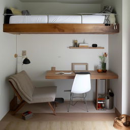 A compact, well-organized single man's room featuring a comfortable bed, a functional shelf, a sturdy table, and a cozy floor mat.