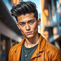 A handsome young man with striking features, styled dark hair, and warm, engaging eyes