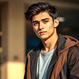 A handsome young man with striking features, styled dark hair, and warm, engaging eyes