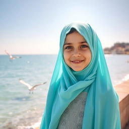 A full-length portrait of a 10-year-old girl named Sara, wearing a light turquoise-blue traditional Iranian chador