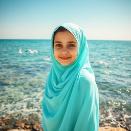 A full-length portrait of a 10-year-old girl named Sara, wearing a light turquoise-blue traditional Iranian chador