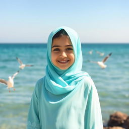 A full-length portrait of a 10-year-old girl named Sara, wearing a light turquoise-blue traditional Iranian chador
