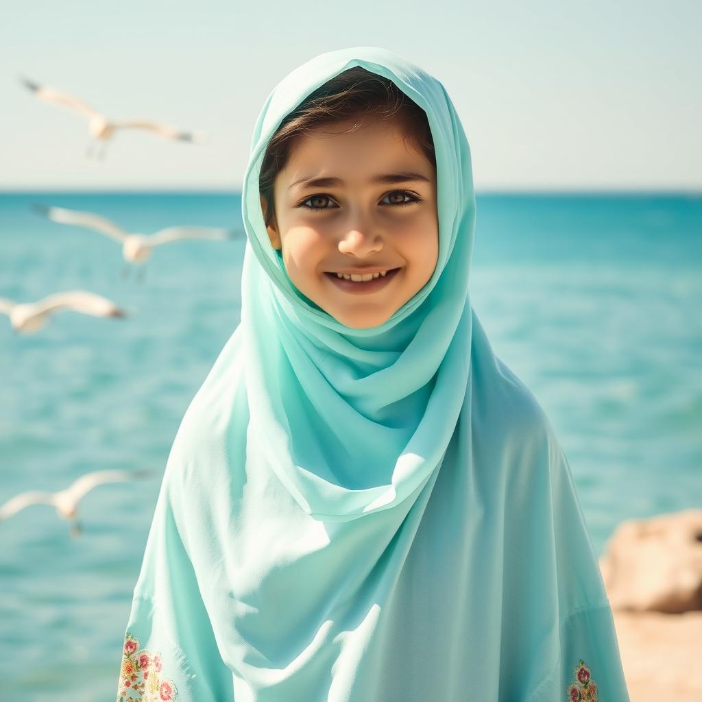 A full-length portrait of a 10-year-old girl named Sara, wearing a light turquoise-blue traditional Iranian chador